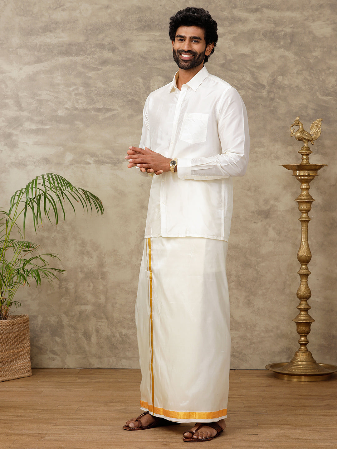 Men Pure Silk Cream with 1" inch Gold Jari Border Dhoti & Shirting Purna Mithra