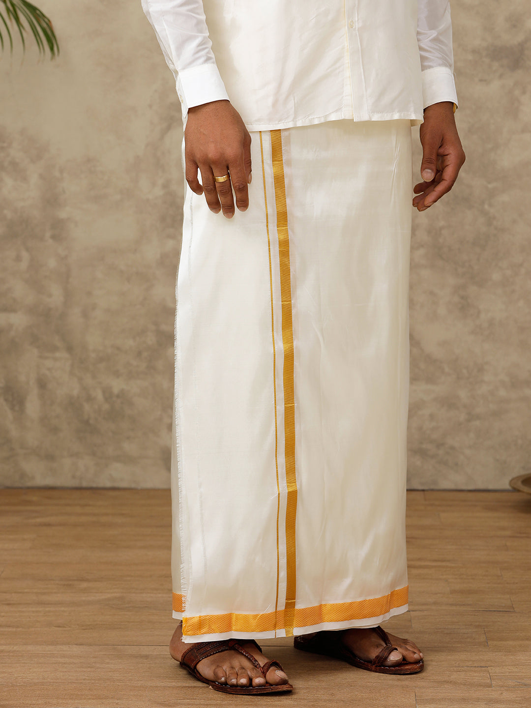 Men Pure Silk Cream with 1" inch Gold Jari Border Dhoti & Shirting Purna Mithra