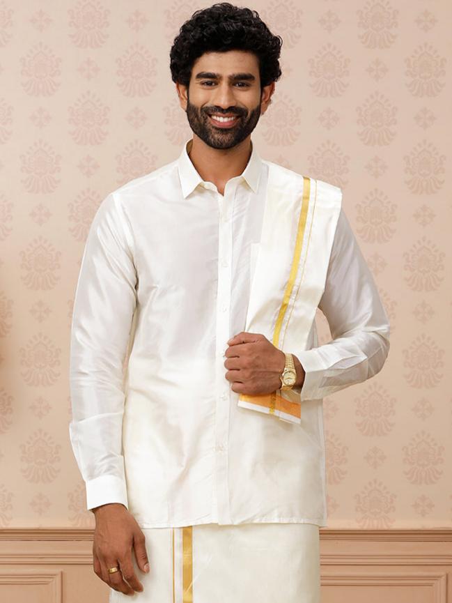 Men Pure Silk Cream with 1" inch Jari Border Towel Rajahamsa