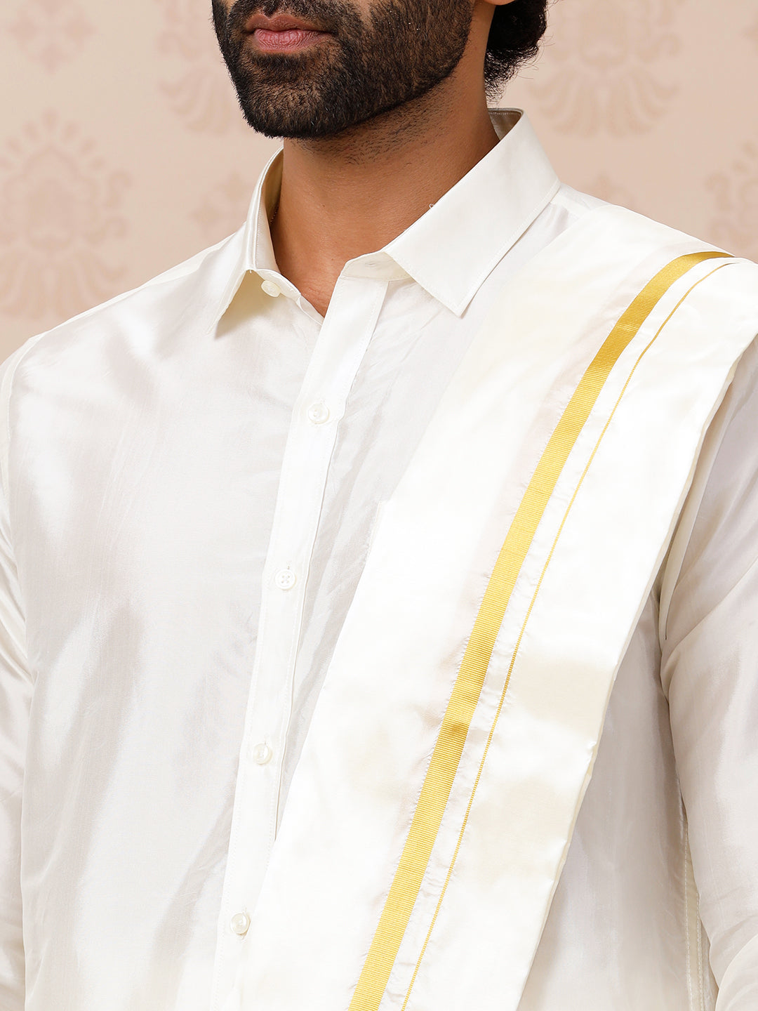 Men Pure Silk Cream with 1" inch Jari Border Towel Rajahamsa