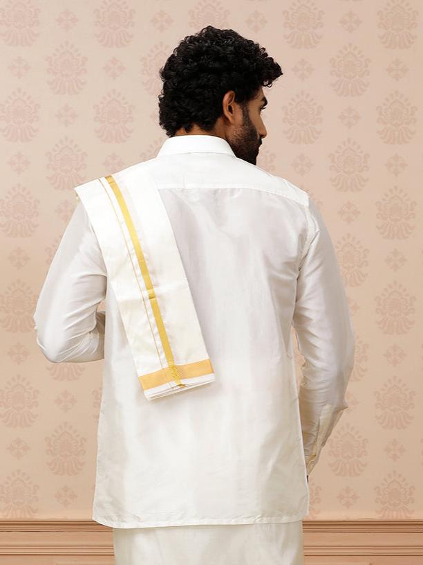 Men Pure Silk Cream with 1" inch Jari Border Towel Rajahamsa