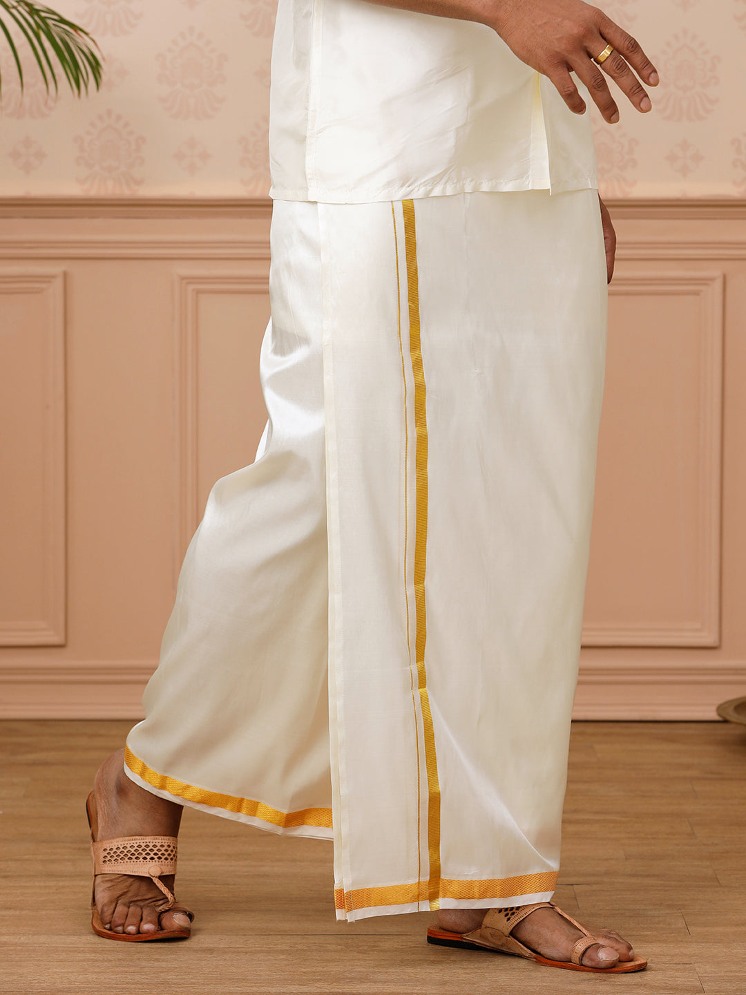 Men Silk Readymade Double Layer Cream Dhoti with 3/4" inch Jari Border