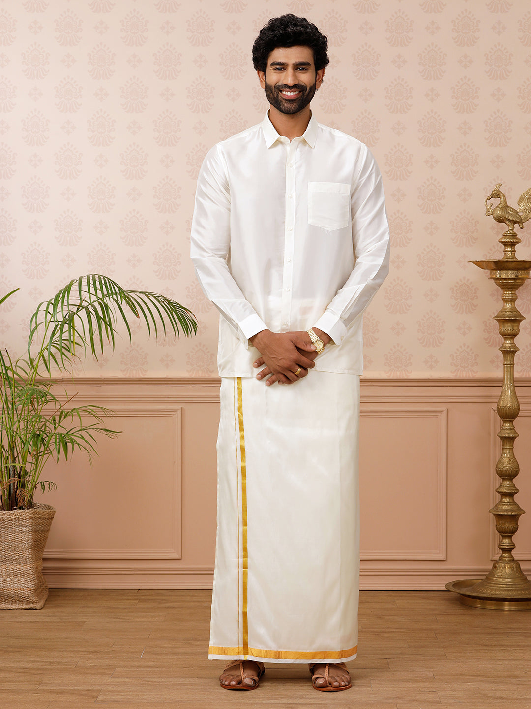 Men Pure Silk Cream with 3/4" inch Gold Jari Border Dhoti & Shirting Purna Mithra