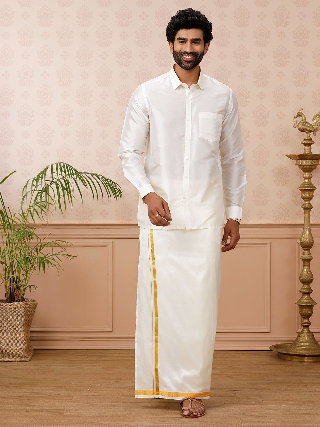 Men Pure Silk Double Layer Cream Dhoti with Jari Border Upasana