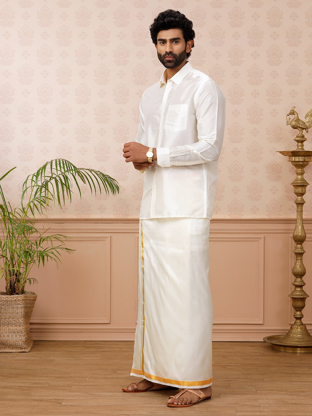Men Pure Silk Cream with 3/4" inch Gold Jari Border Dhoti & Shirting Purna Mithra
