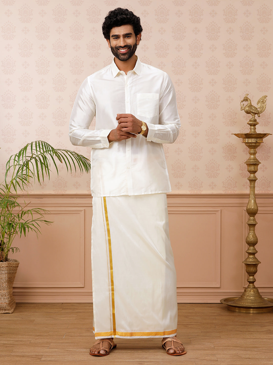 Men Pure Silk Cream Shirt Full Sleeves with Readymade 3/4" inch Jari Dhoti Combo