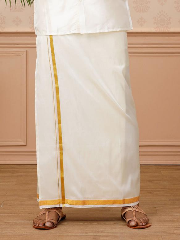 Men Pure Silk Cream with 3/4" inch Gold Jari Border Dhoti & Shirting Purna Mithra