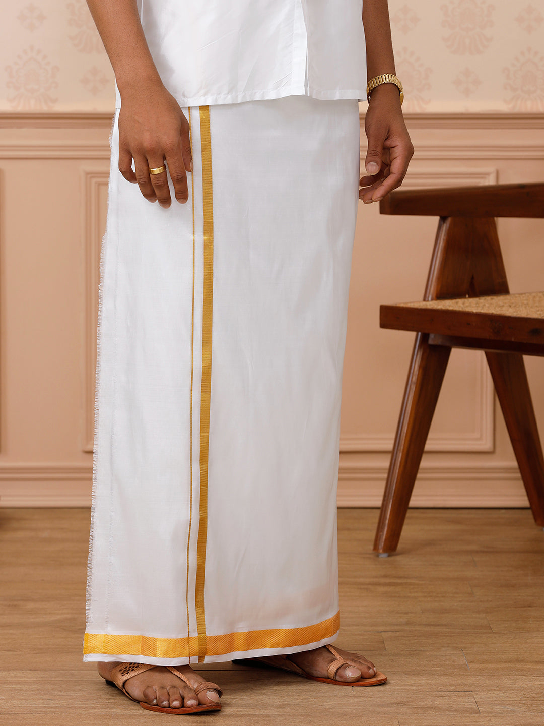 Men Pure Silk White with 1" inch Gold Jari Border Double Layer Dhoti Upasana
