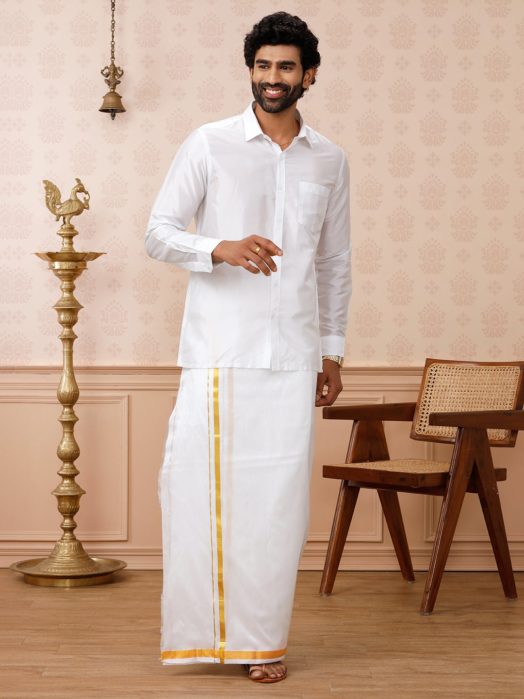 Men Pure Silk Double Layer White Dhoti with Gold Jari Border Upasana