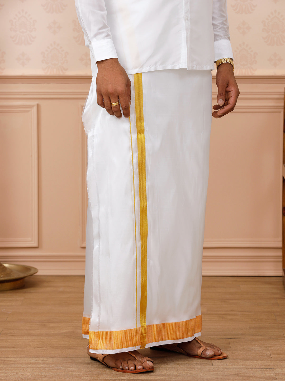 Men Pure Silk White Double Layer Dhoti 2" inch Gold Jari Border Upasana