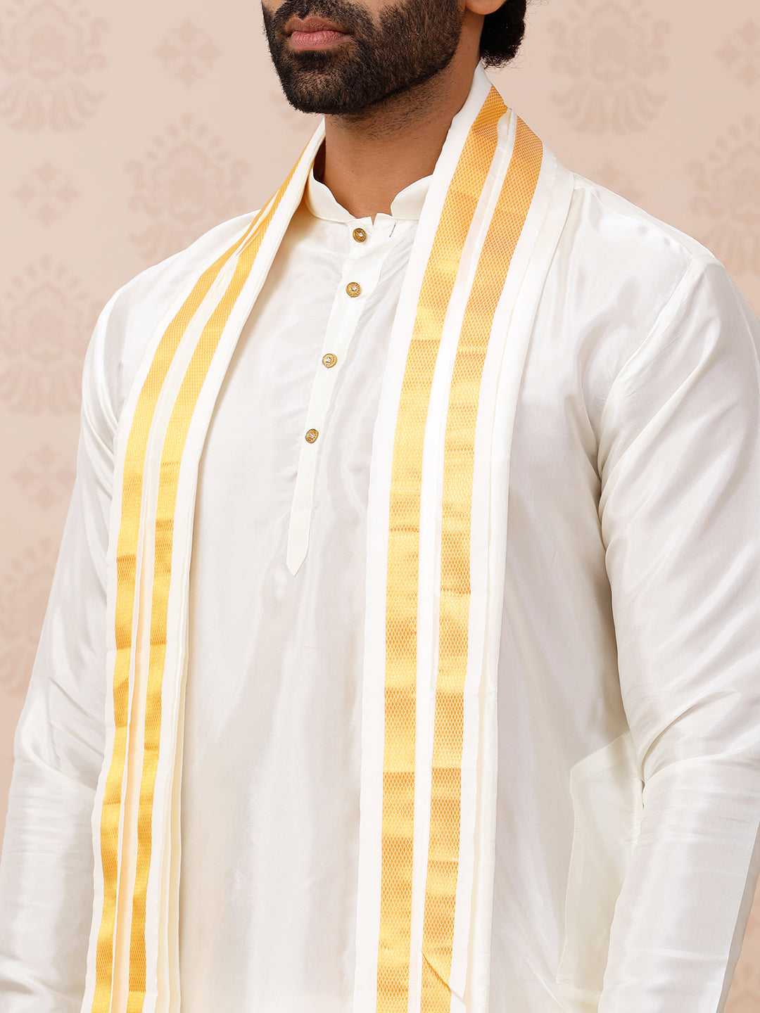 Men Pure Silk Cream with 1" inch Jari Border ReadyMade Panchakacham & Towel Set