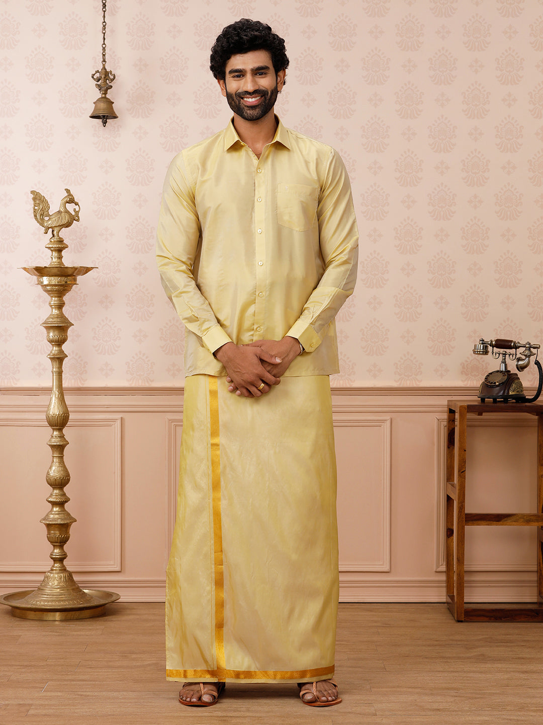 Men Art Silk Dark Gold Shirt & Dhoti Set Swayamvara