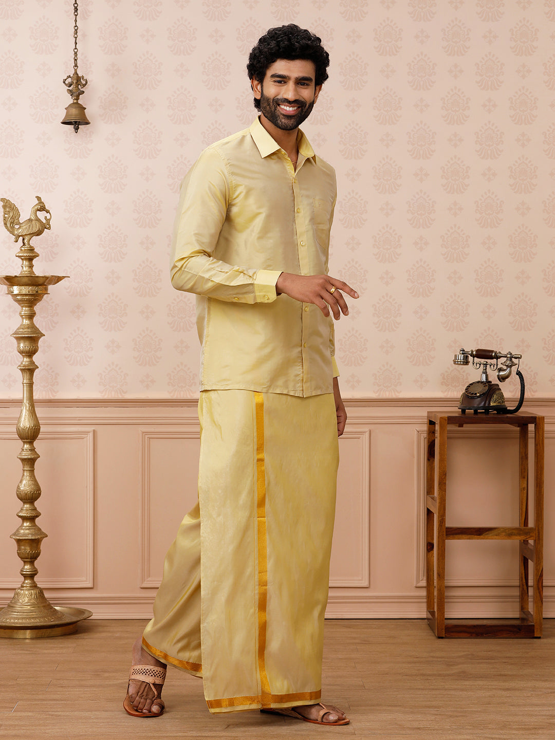 Men Art Silk Dark Gold Shirt & Dhoti Set Swayamvara