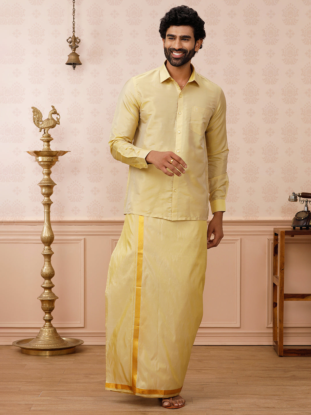 Men Art Silk Dark Gold Shirt & Dhoti Set Swayamvara