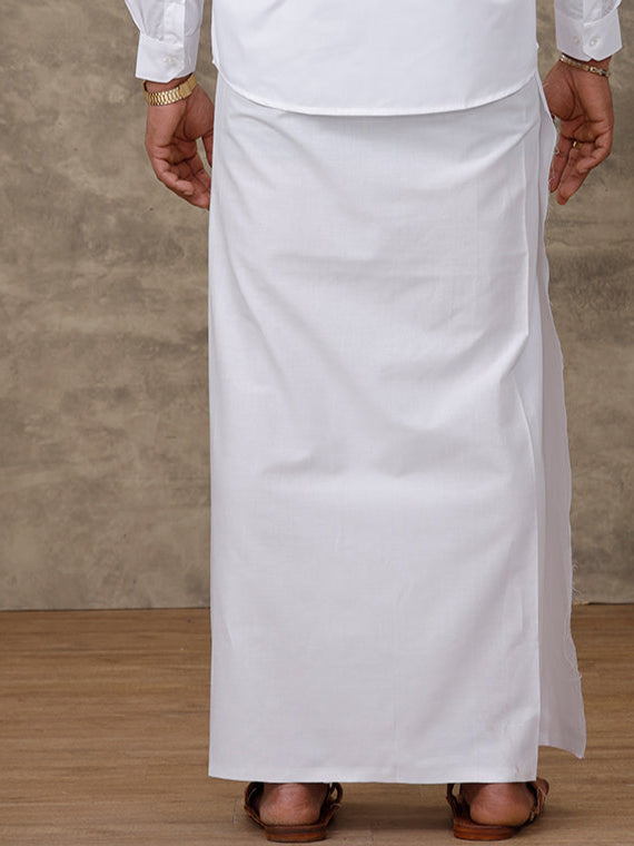 Men Cotton Blend Single Layer White Dhoti with Small Border Golden Care Paramas