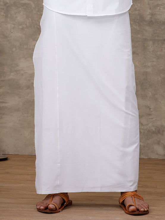 Men Cotton Blend Single Layer White Dhoti with Small Border Golden Care Paramas