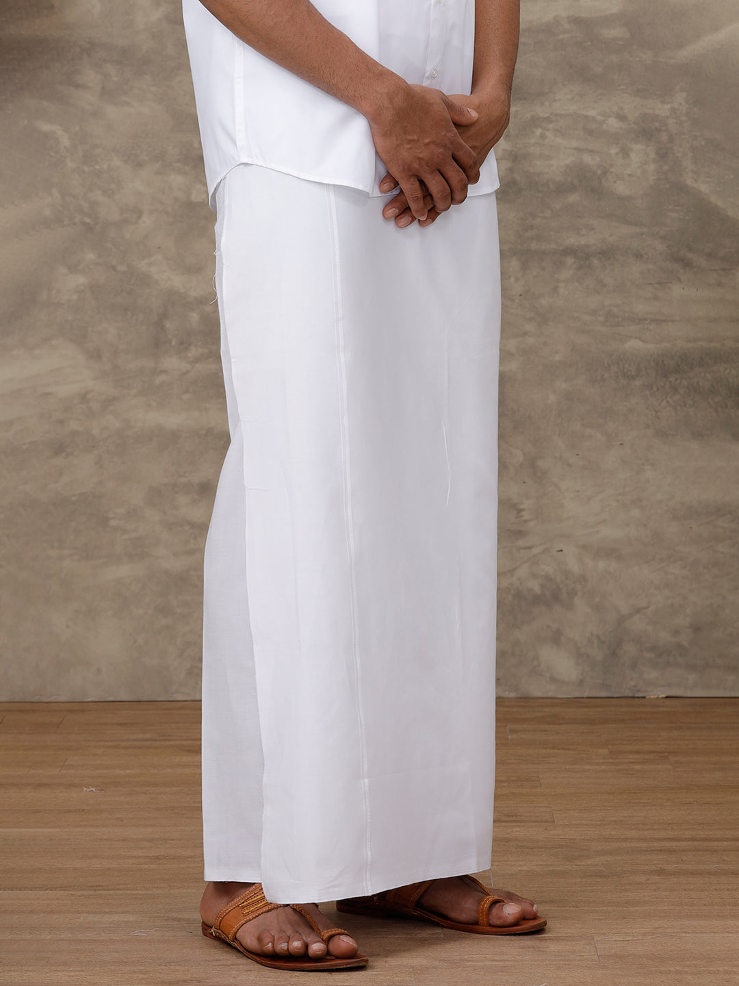 Men Cotton Blend Single Layer White Dhoti with Small Border Golden Care Paramas