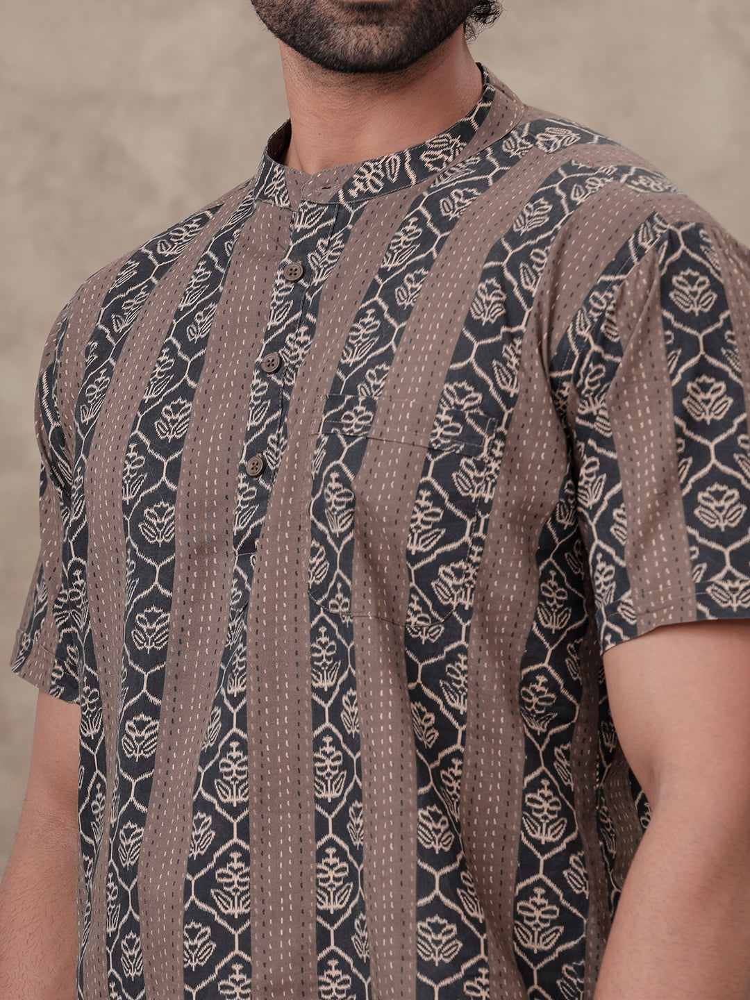 Men Cotton Short Length Printed Pocket Kurta Blackish Brown OD38