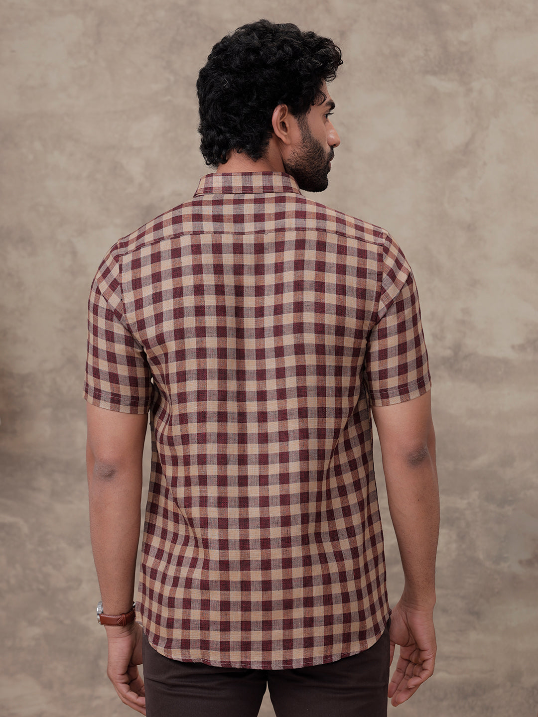 Men Pure Linen Checked Shirt Peacock Maroon Brown LS81