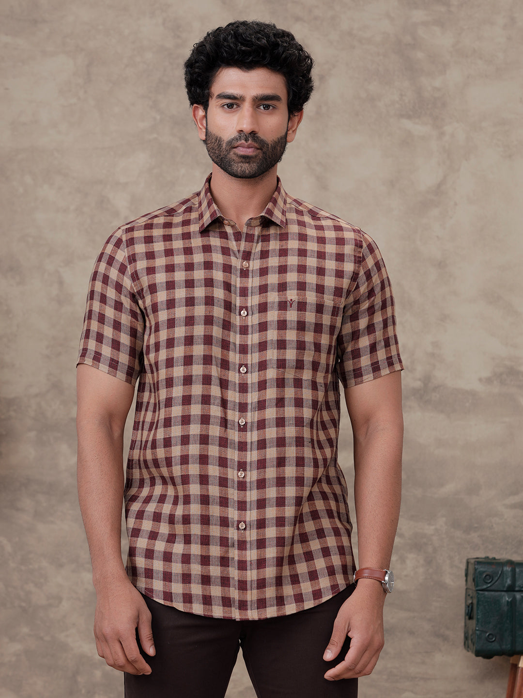 Men Pure Linen Checked Shirt Peacock Maroon Brown LS81