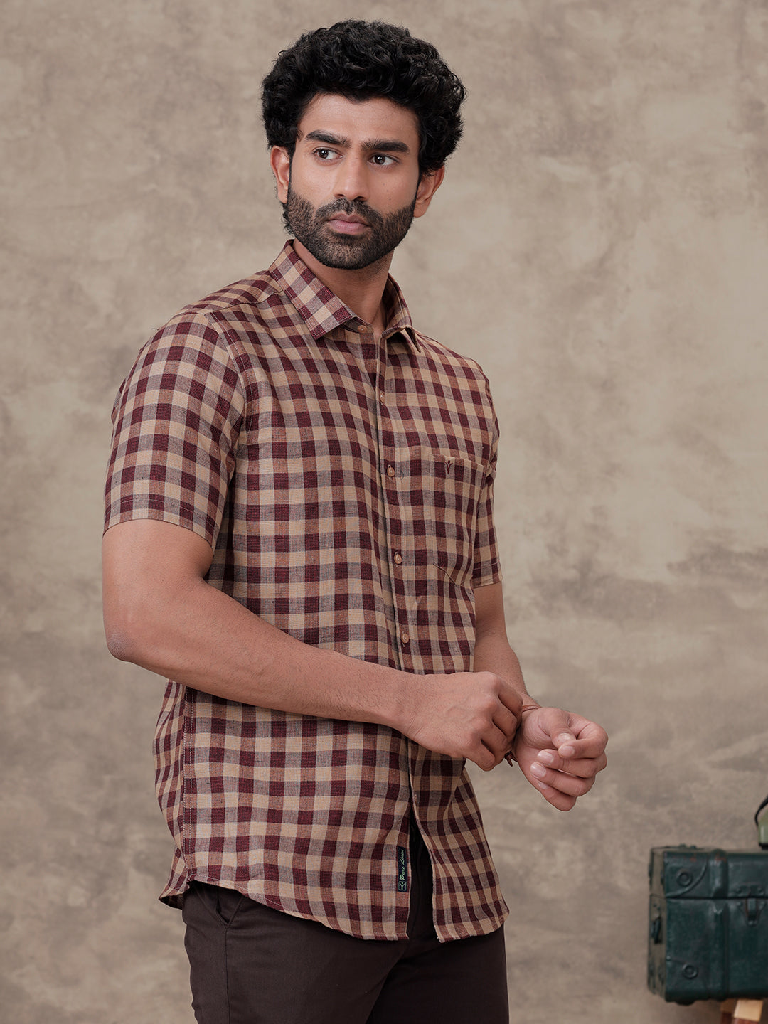Men Pure Linen Checked Shirt Peacock Maroon Brown LS81