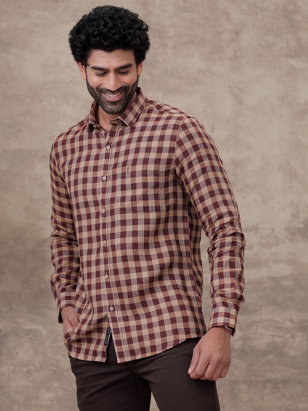 Men Pure Linen Checked Shirt Peacock Maroon Brown LS81