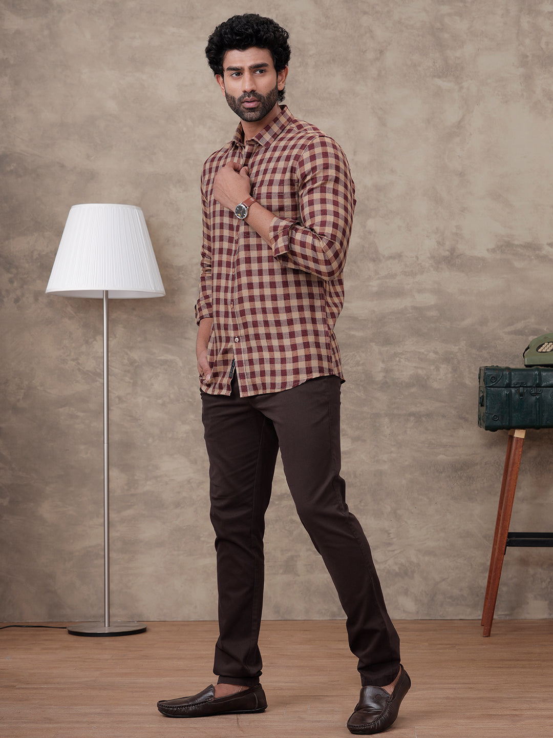Men Pure Linen Checked Shirt Peacock Maroon Brown LS81