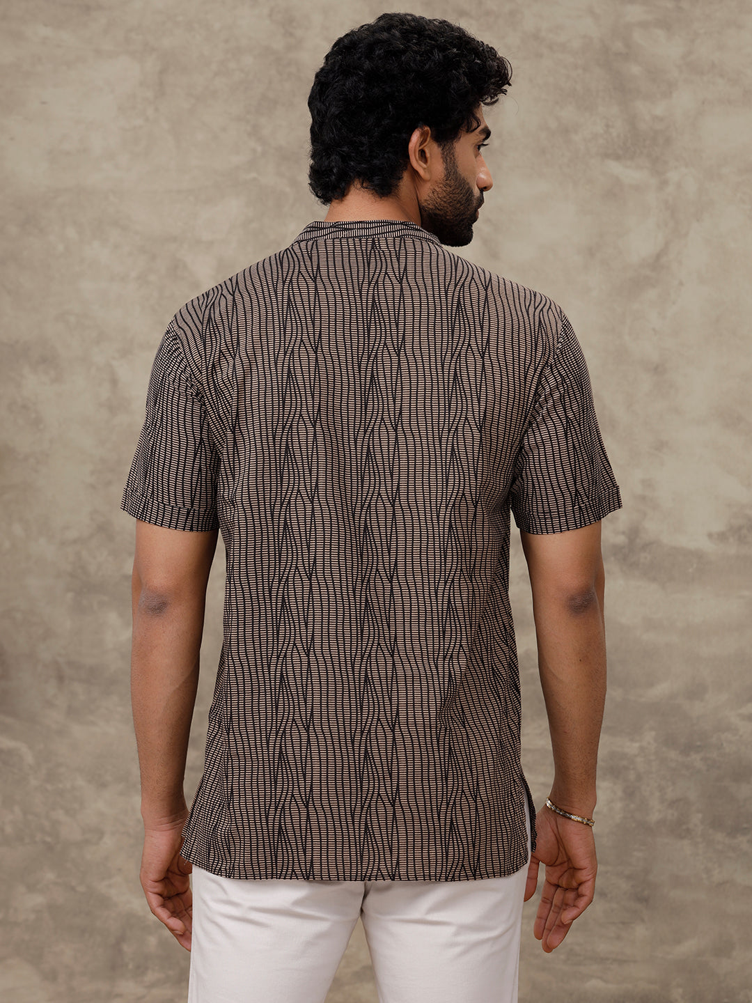 Men Cotton Short Length Printed Pocket Kurta Browny Black OD40