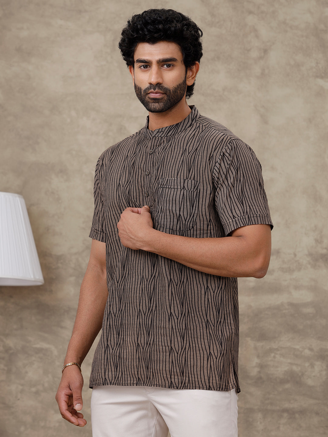 Men Cotton Short Length Printed Pocket Kurta Browny Black OD40