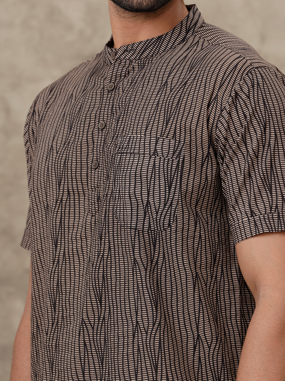 Men Cotton Short Length Printed Pocket Kurta Browny Black OD40