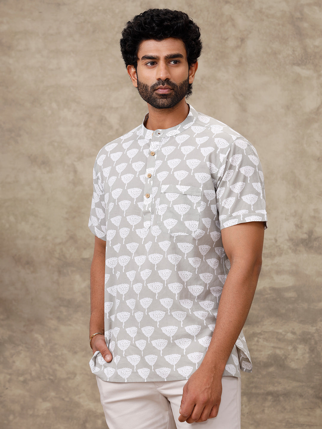 Men Cotton Short Length Printed Pocket Kurta Mint Grey OD47