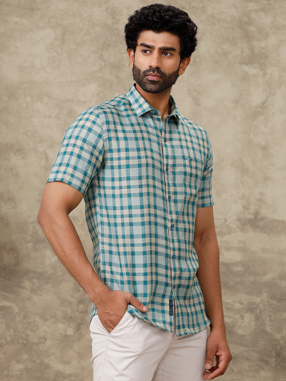 Men Pure Linen Checked Shirt Peacock Green LS75