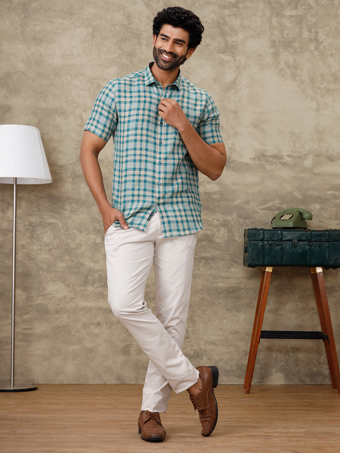 Men Pure Linen Checked Shirt Peacock Green LS75