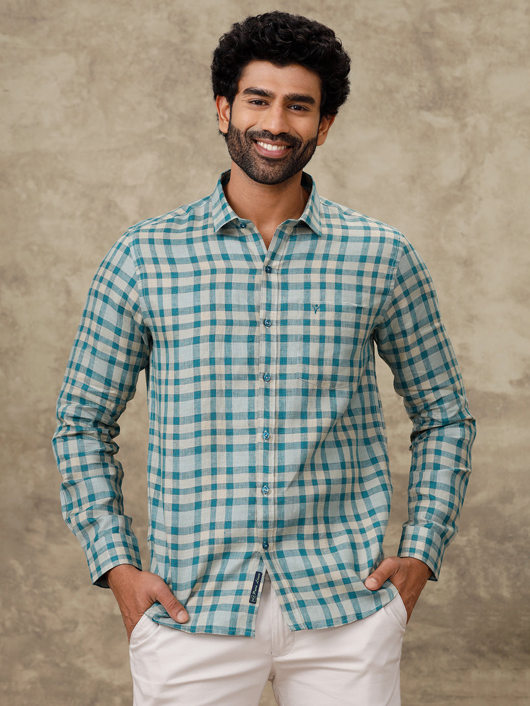 Men Pure Linen Checked Shirt Peacock Green LS75