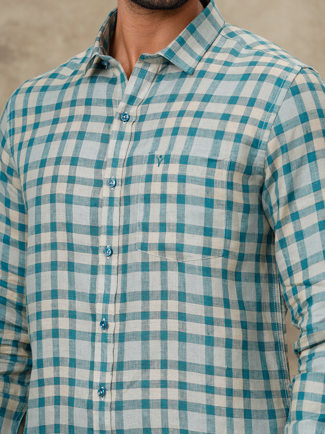 Men Pure Linen Checked Shirt Peacock Green LS75