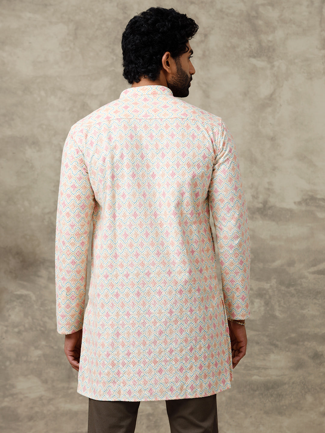 Mens Cotton Medium Length Self Design Pocket Kurta Yellow RF3