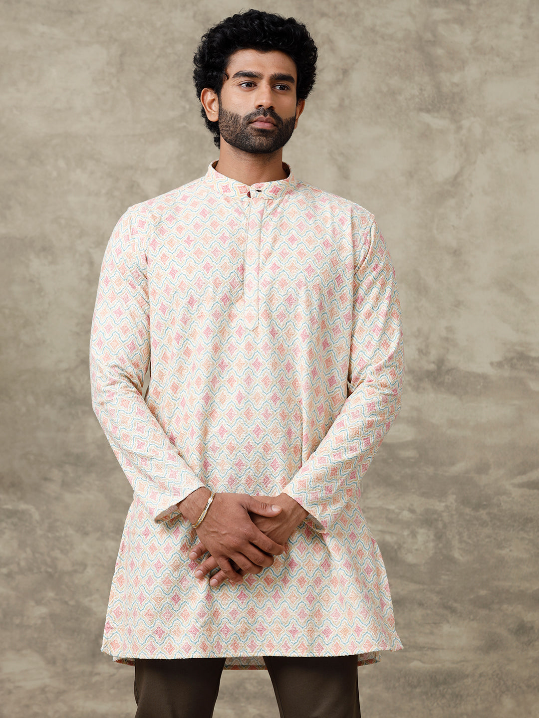 Mens Cotton Medium Length Self Design Pocket Kurta Yellow RF3