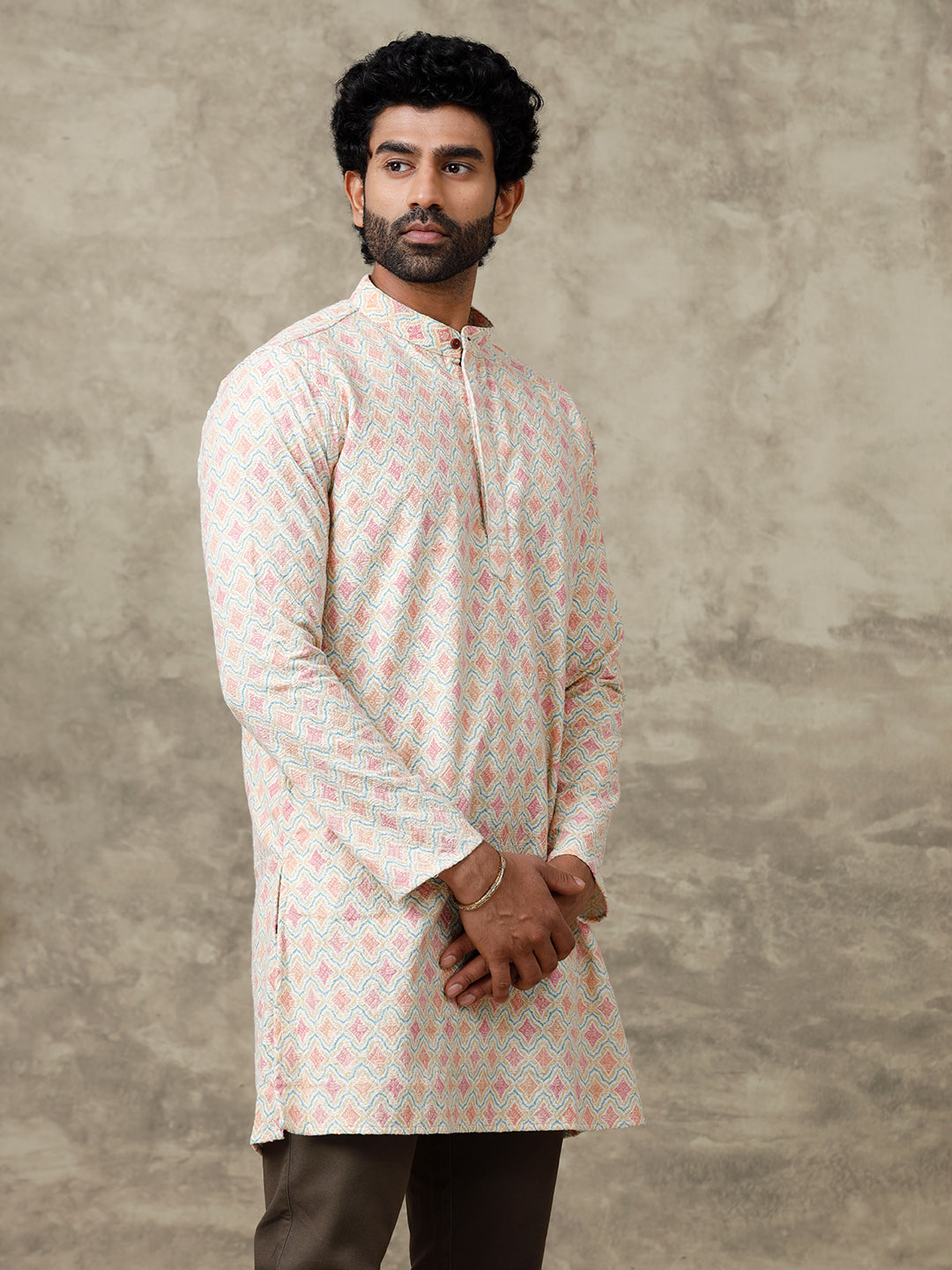 Mens Cotton Medium Length Self Design Pocket Kurta Yellow RF3