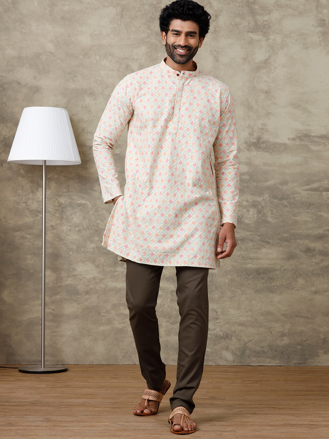 Mens Cotton Medium Length Self Design Pocket Kurta Yellow RF3