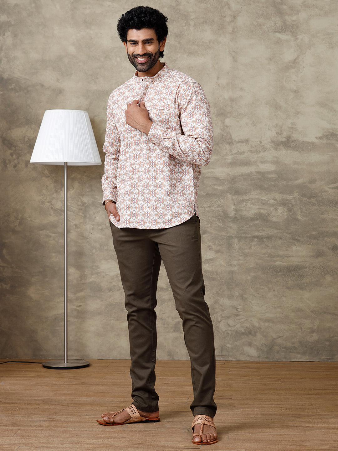 Men Cotton Short Length Self Design Pocket Kurta Sandal RF1