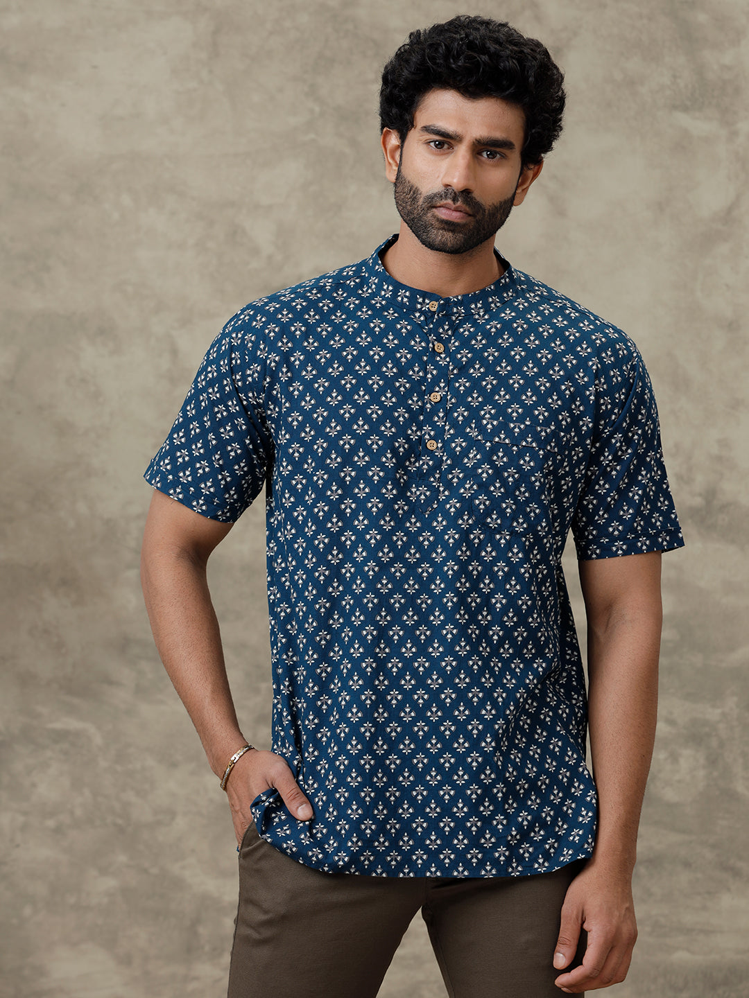 Men Cotton Short Length Printed Pocket Kurta Dark Blue OD17