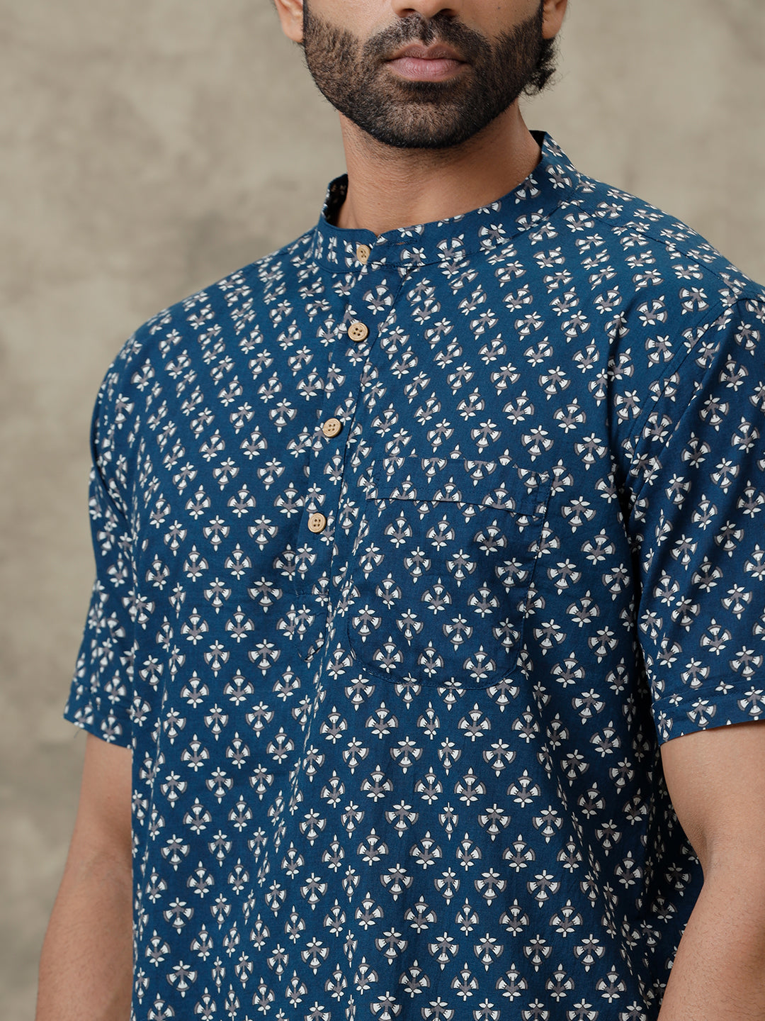 Men Cotton Short Length Printed Pocket Kurta Dark Blue OD17