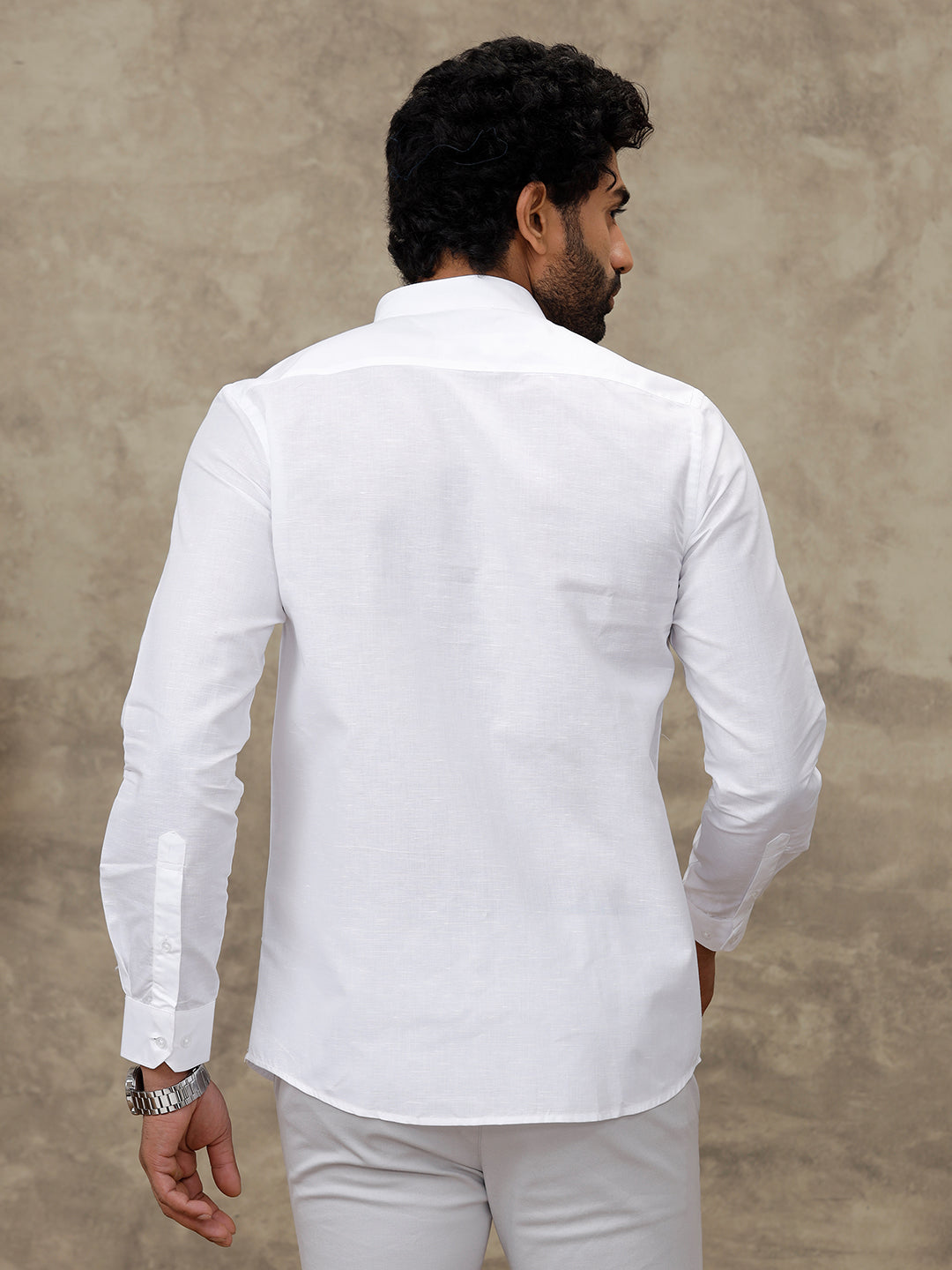 Men Linen Cotton Chinese Collar Full Sleeve White Shirt Craze