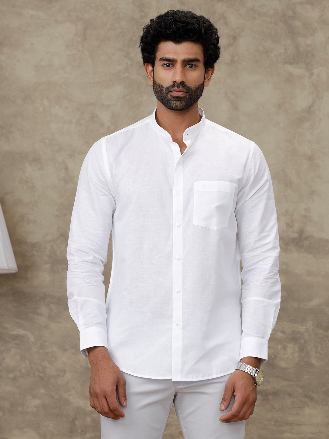 Men Linen Cotton Chinese Collar Full Sleeve White Shirt Craze