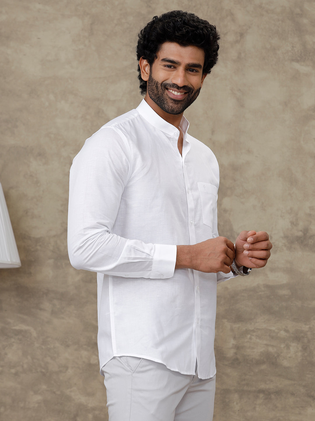 Men Linen Cotton Chinese Collar Full Sleeve White Shirt Craze