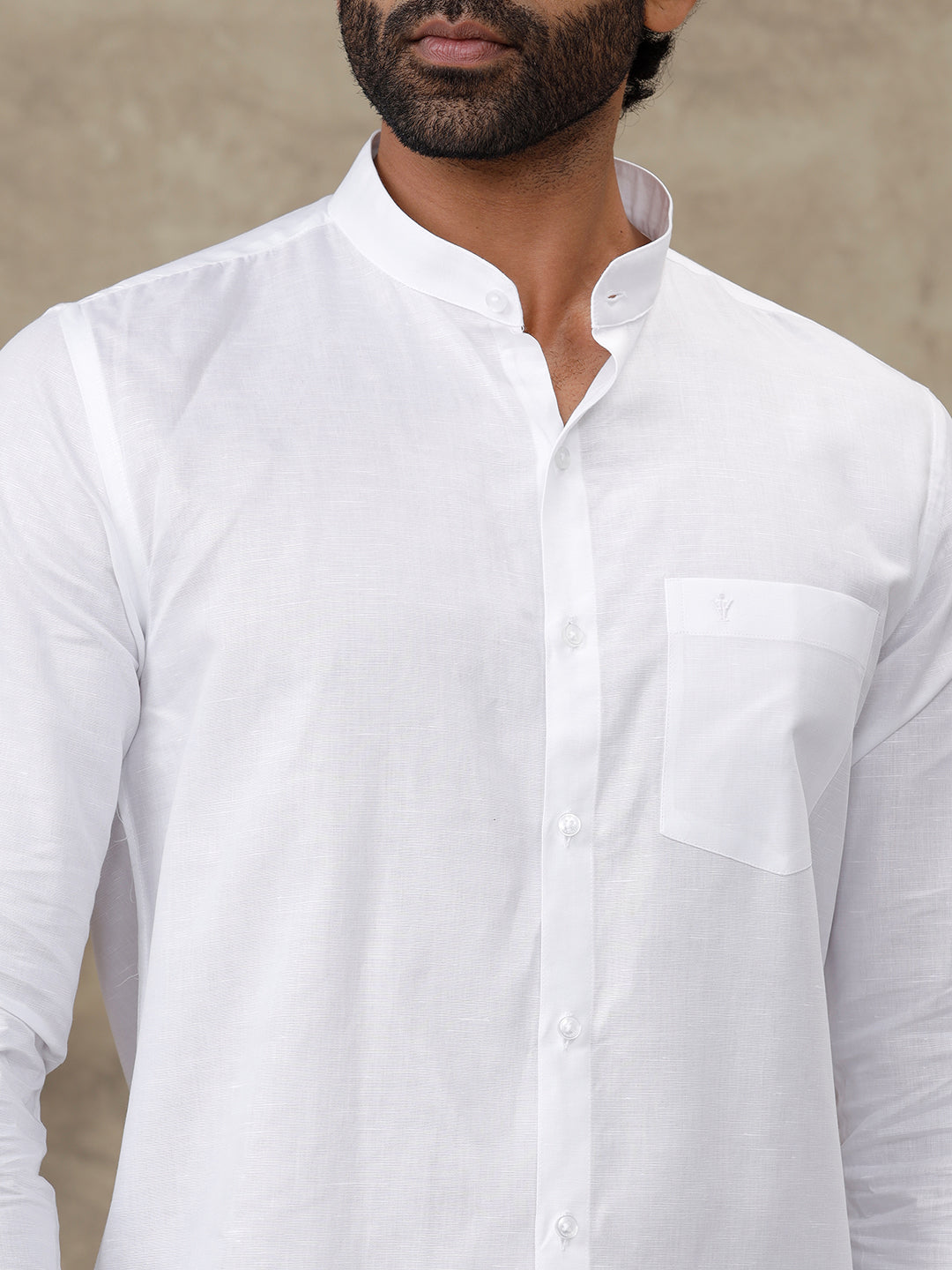 Men Linen Cotton Chinese Collar Full Sleeve White Shirt Craze