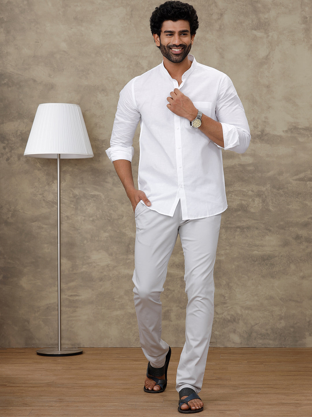Men Linen Cotton Chinese Collar Full Sleeve White Shirt Craze