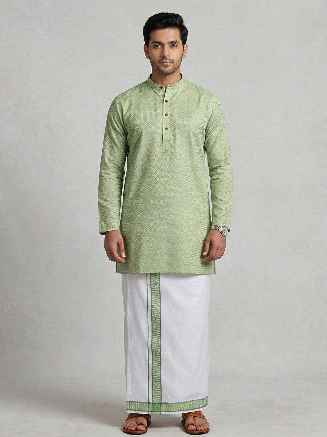 Men Green Medium Length Kurta with Matching Border Dhoti Set MHJ7