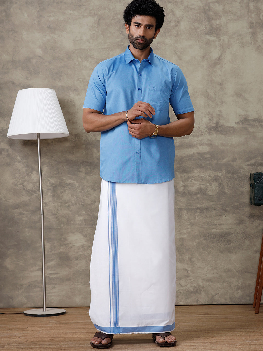 Men Blue Shirt With Matching Border Dhoti Set Evolution