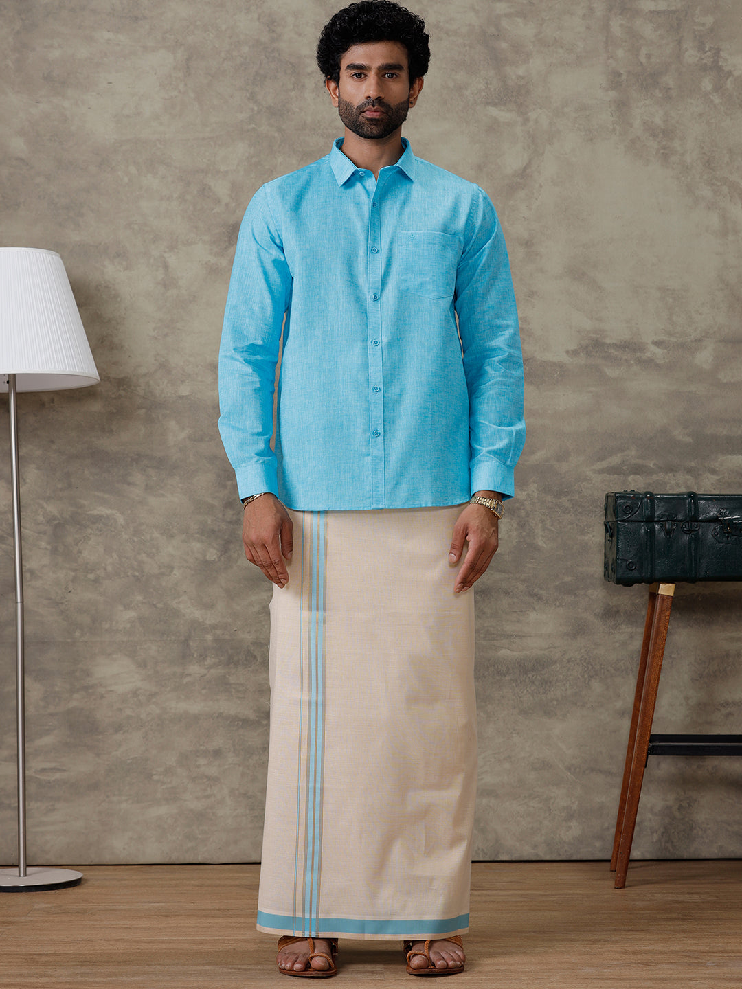 Men Cotton Rich Blue Shirt and Tissue Dhoti Set C11